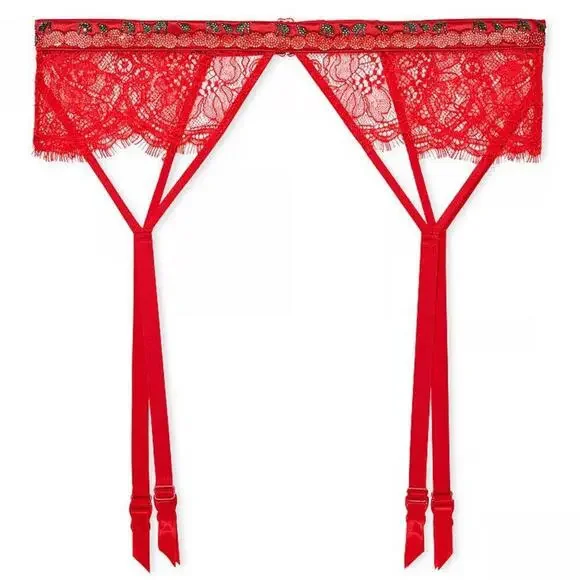 Victoria's Secret Cherry Red Shine Strap Lace Garter Belt and Thong